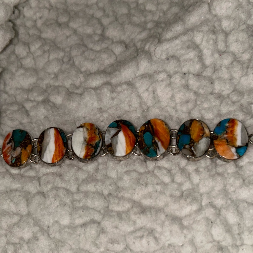 NEW 925 Sterling Silver Spiny Copper Turquoise Oval Link Bracelet - Picture 2 of 14
